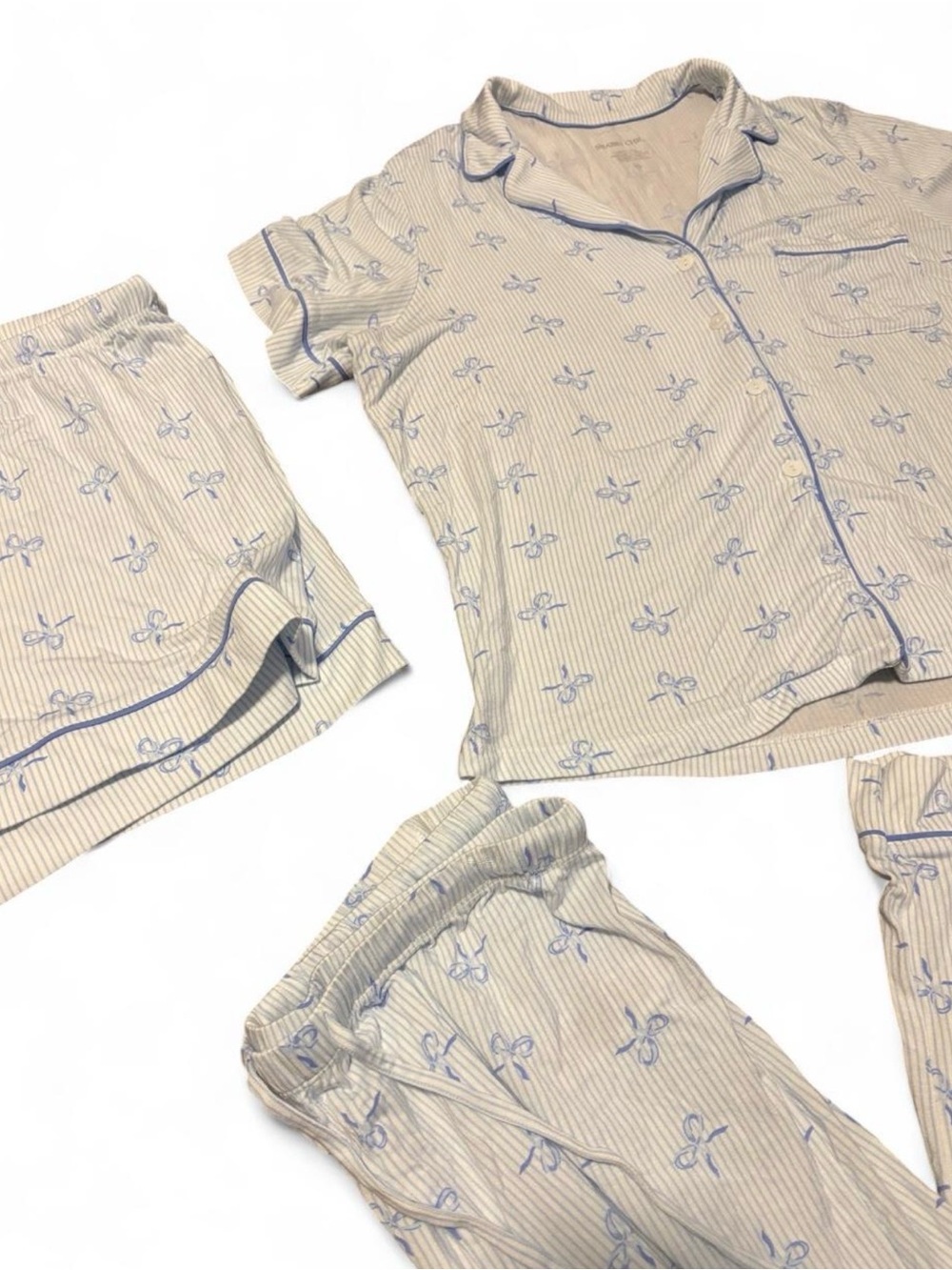 Shabby Chic Bow Print Pajama Set 3pc Large Short Sleeve Top Shorts Pants Blue L - Picture 2 of 11